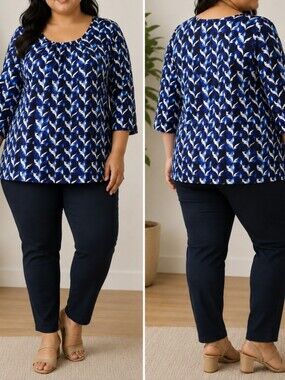 Alison Daley Blue Abstract Print 3/4 Sleeve Tunic Top Plus Size 2X Geometric